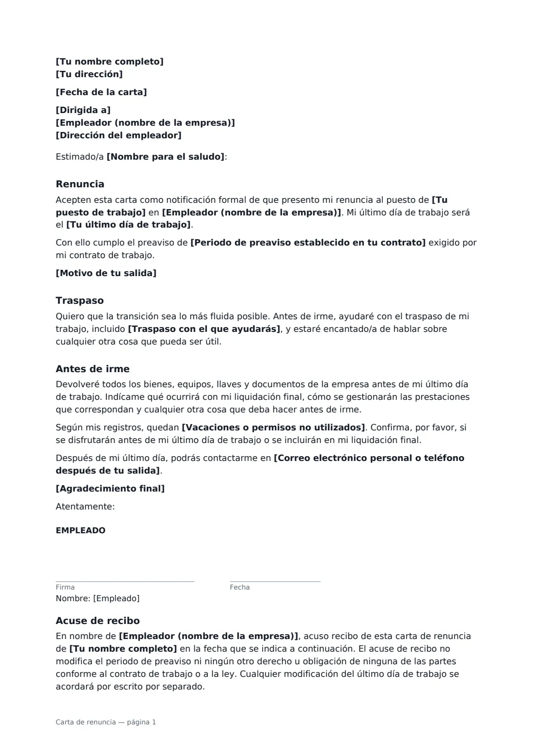 Carta de renuncia: página 1 de 2