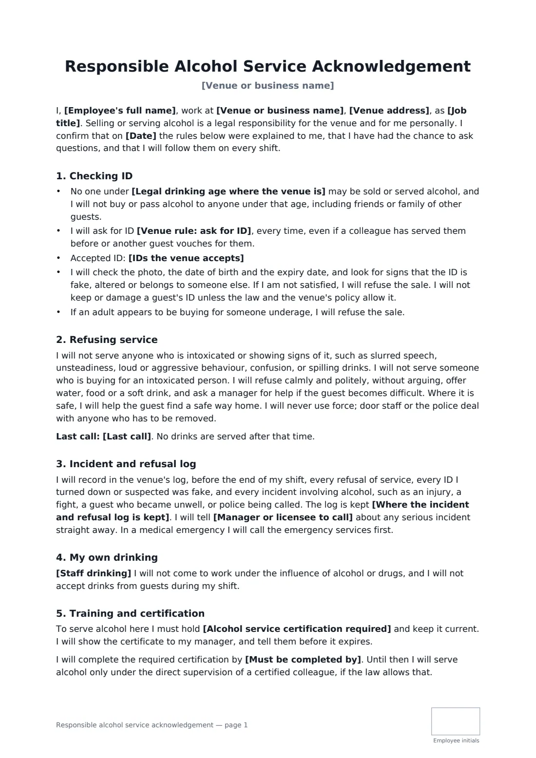Responsible alcohol service acknowledgement — page 1 of 2
