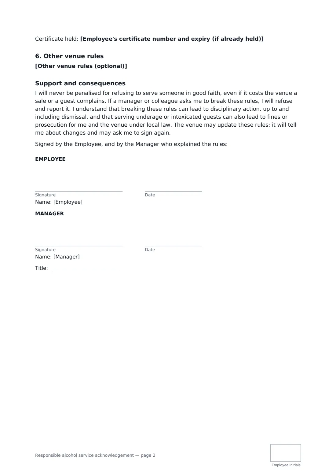 Responsible alcohol service acknowledgement — page 2 of 2