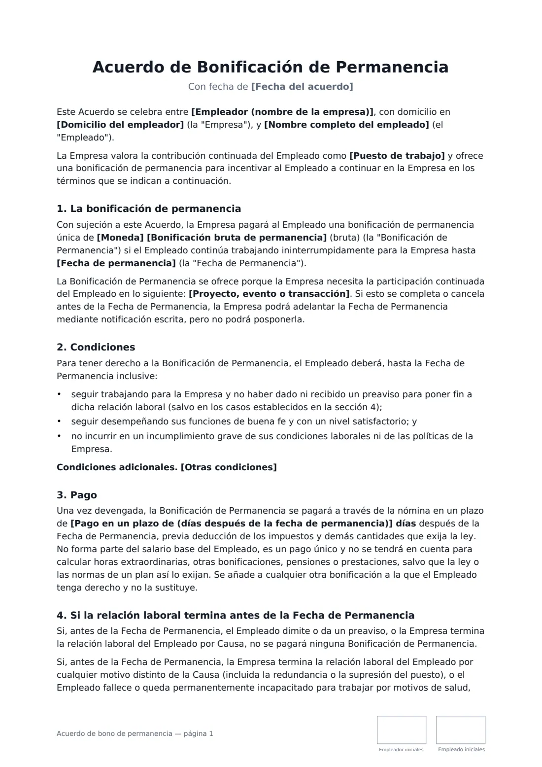 Acuerdo de bono de permanencia: página 1 de 2