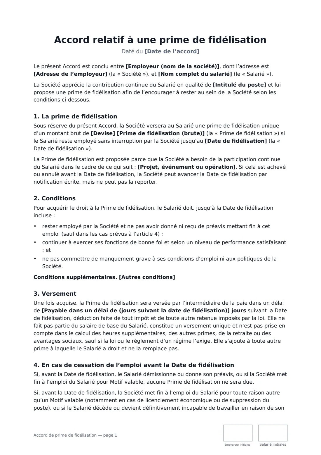 Accord de prime de fidélisation — page 1 sur 2