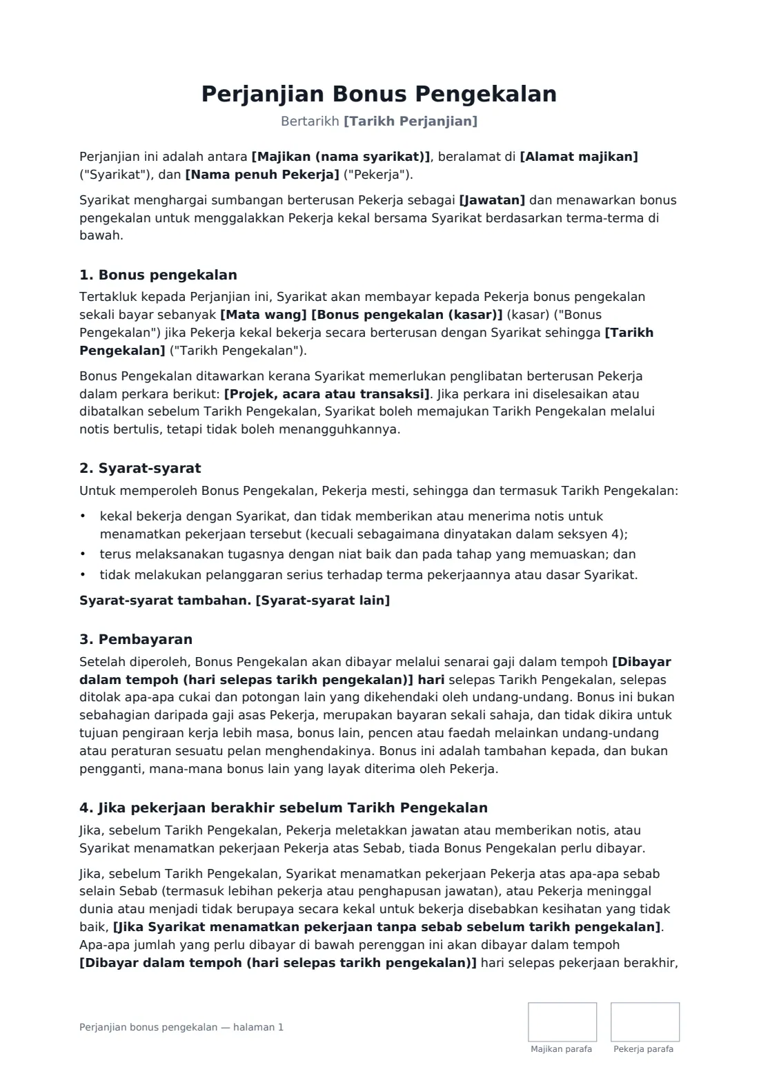 Perjanjian bonus pengekalan — halaman 1 daripada 2