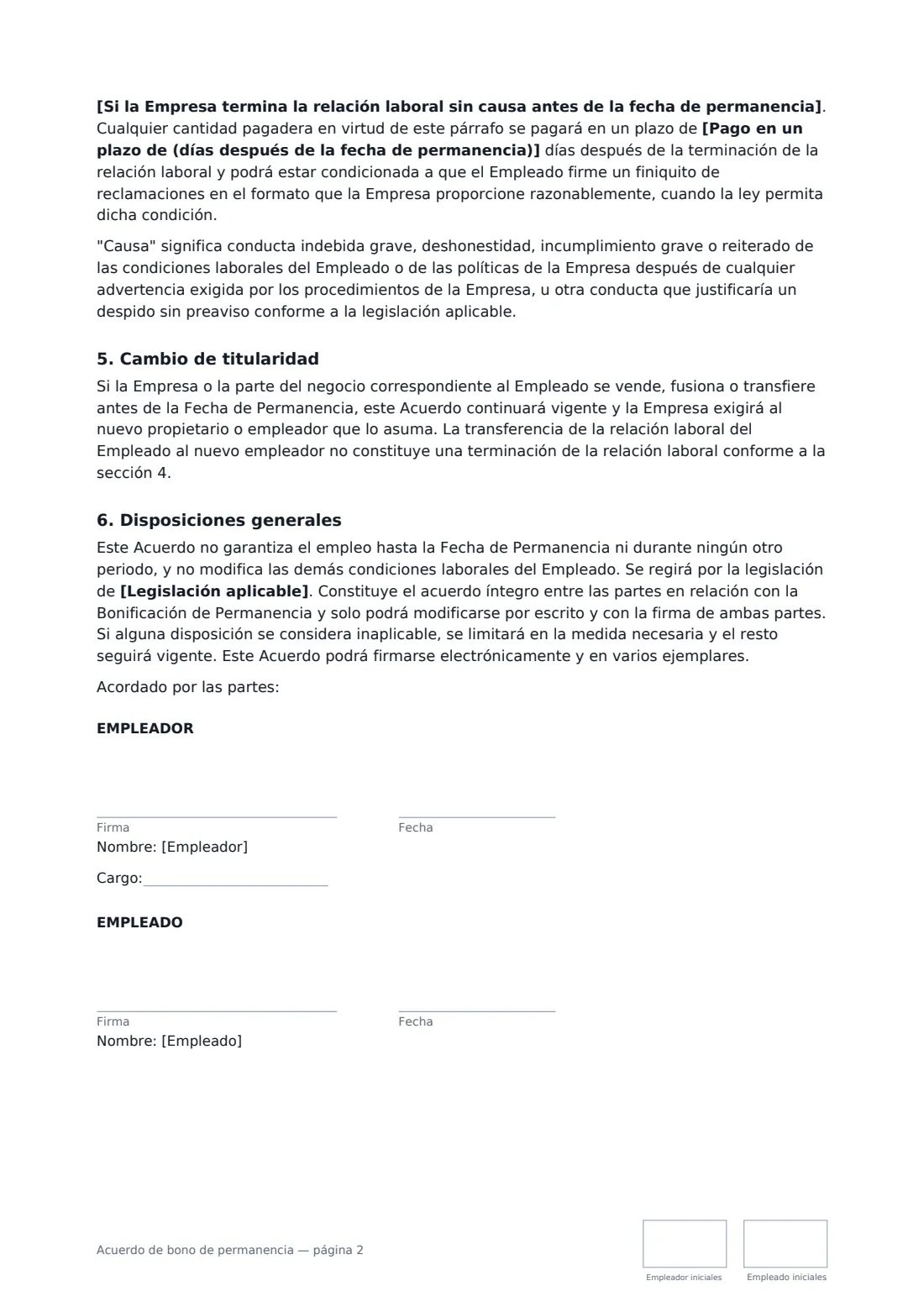 Acuerdo de bono de permanencia: página 2 de 2