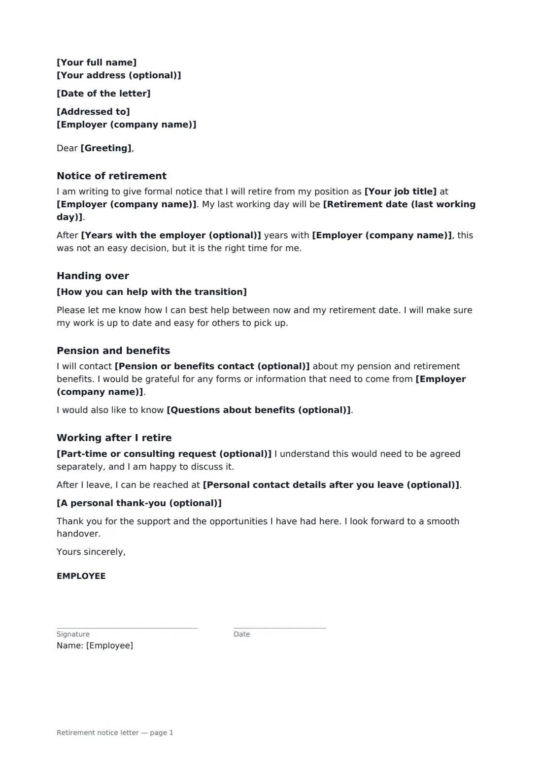 Retirement notice letter — page 1 of 2