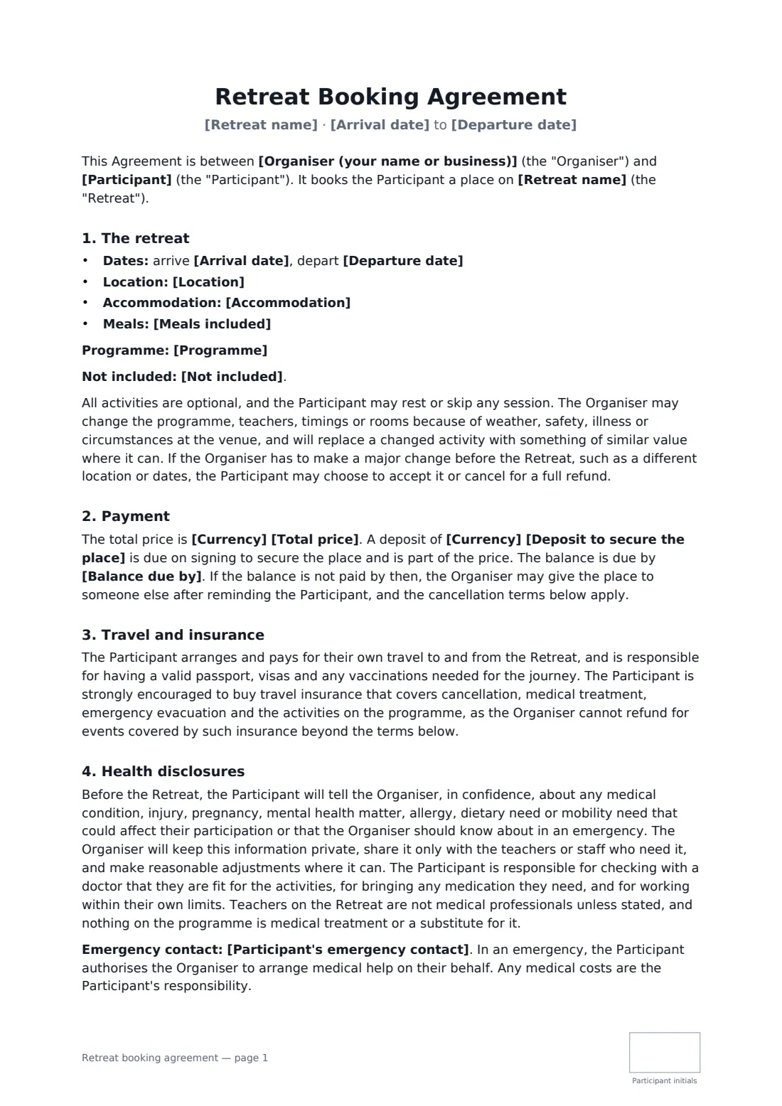 Retreat booking agreement — page 1 of 2
