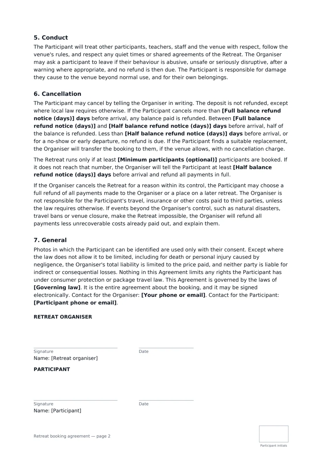 Retreat booking agreement — page 2 of 2