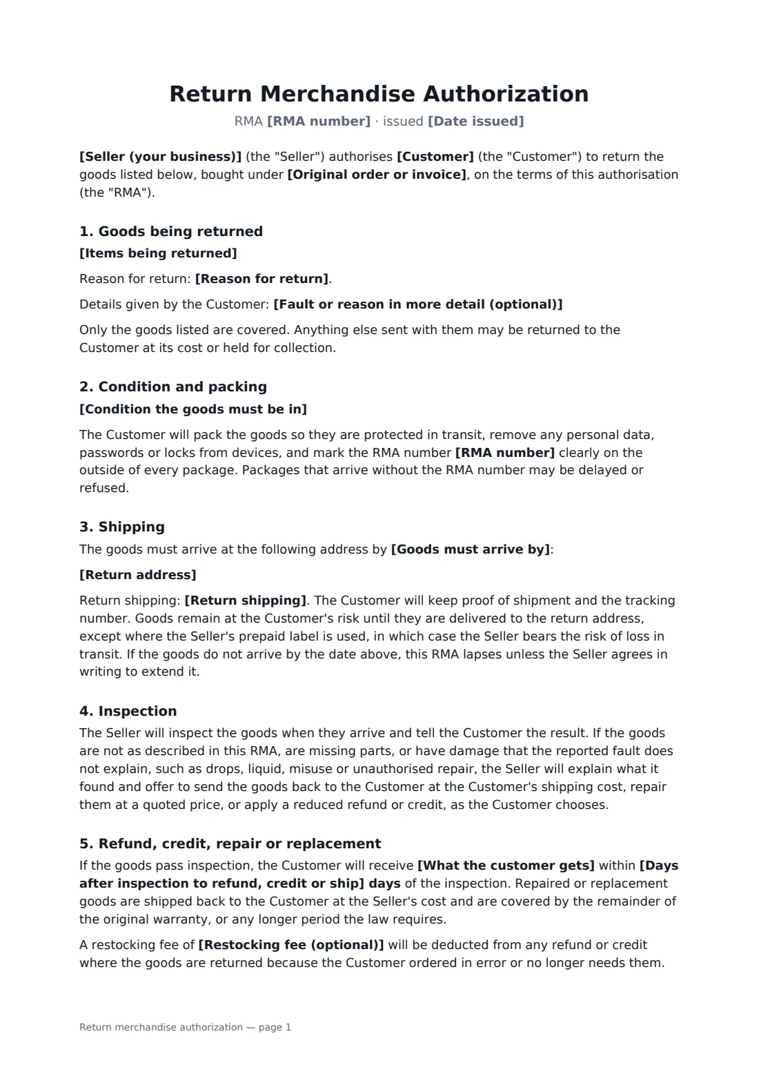 Return merchandise authorization — page 1 of 2