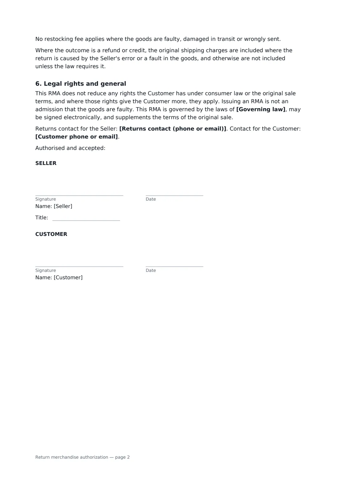 Return merchandise authorization — page 2 of 2