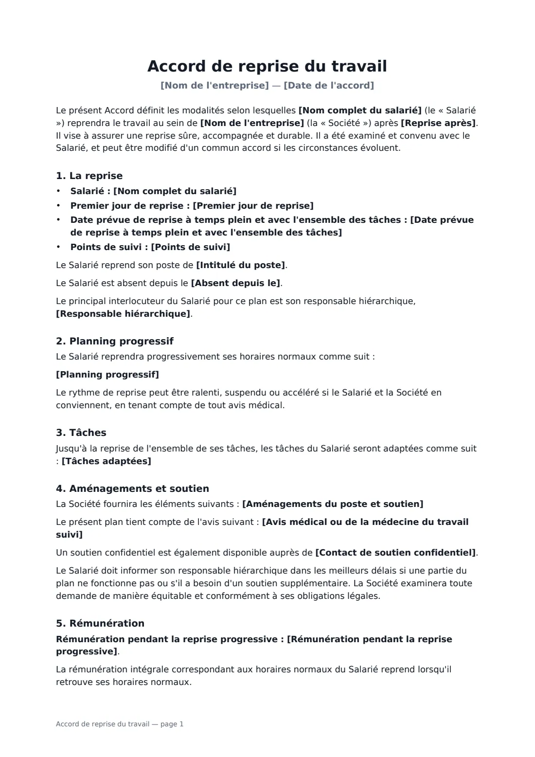 Accord de reprise du travail — page 1 sur 2