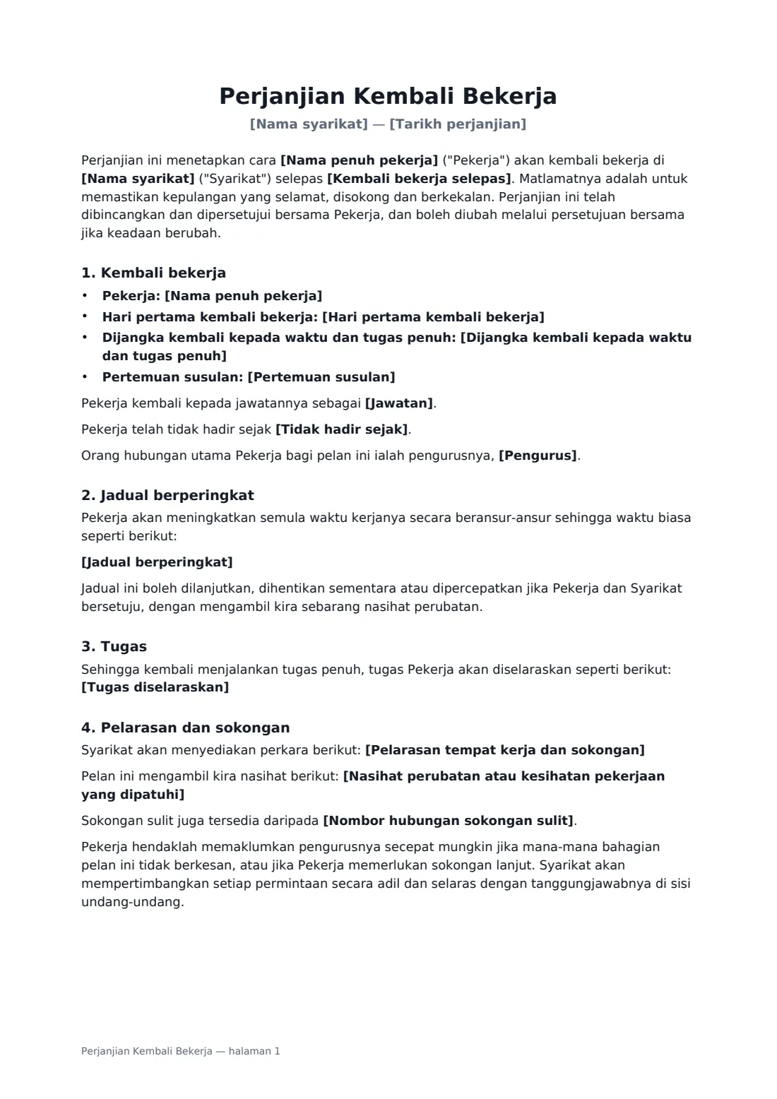 Perjanjian Kembali Bekerja — halaman 1 daripada 2