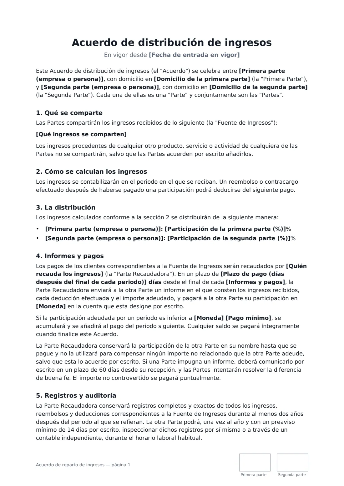 Acuerdo de reparto de ingresos: página 1 de 3