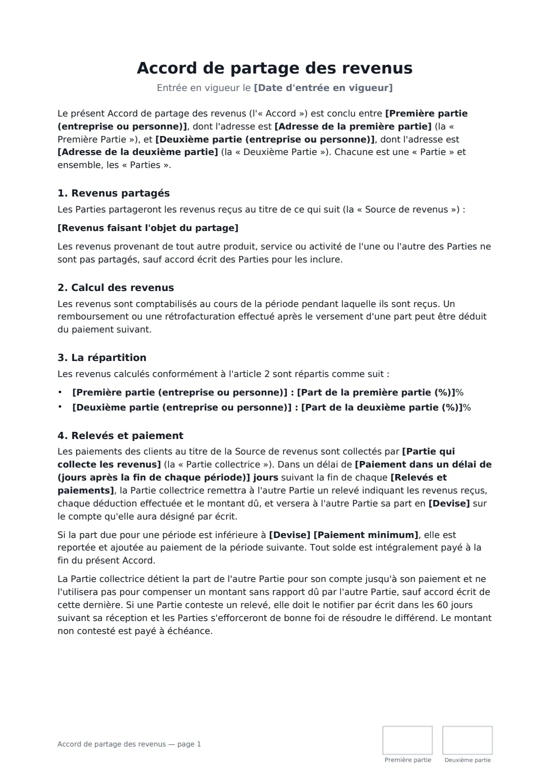 Accord de partage des revenus — page 1 sur 3