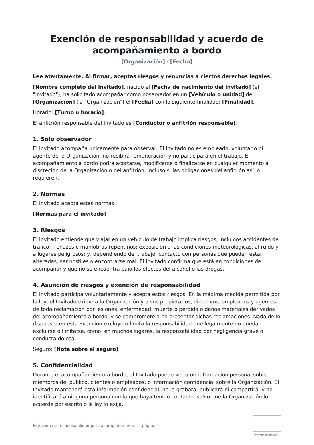 Exención de responsabilidad para acompañamiento: página 1 de 2