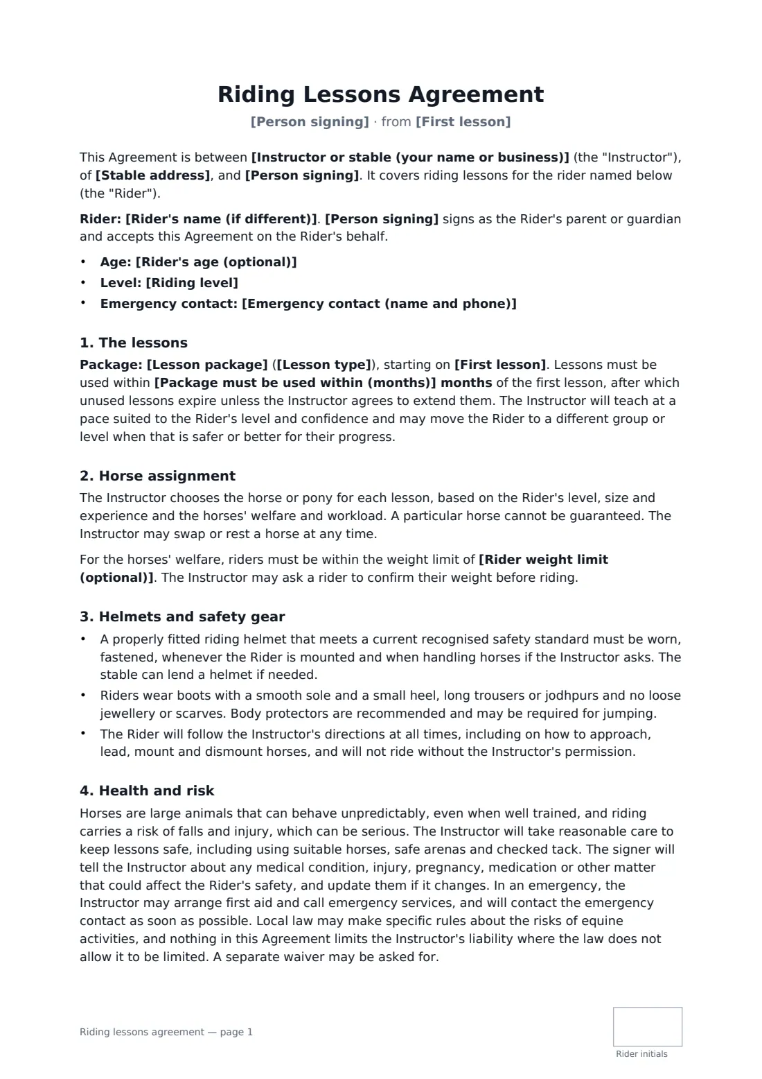 Riding lessons agreement — page 1 of 2