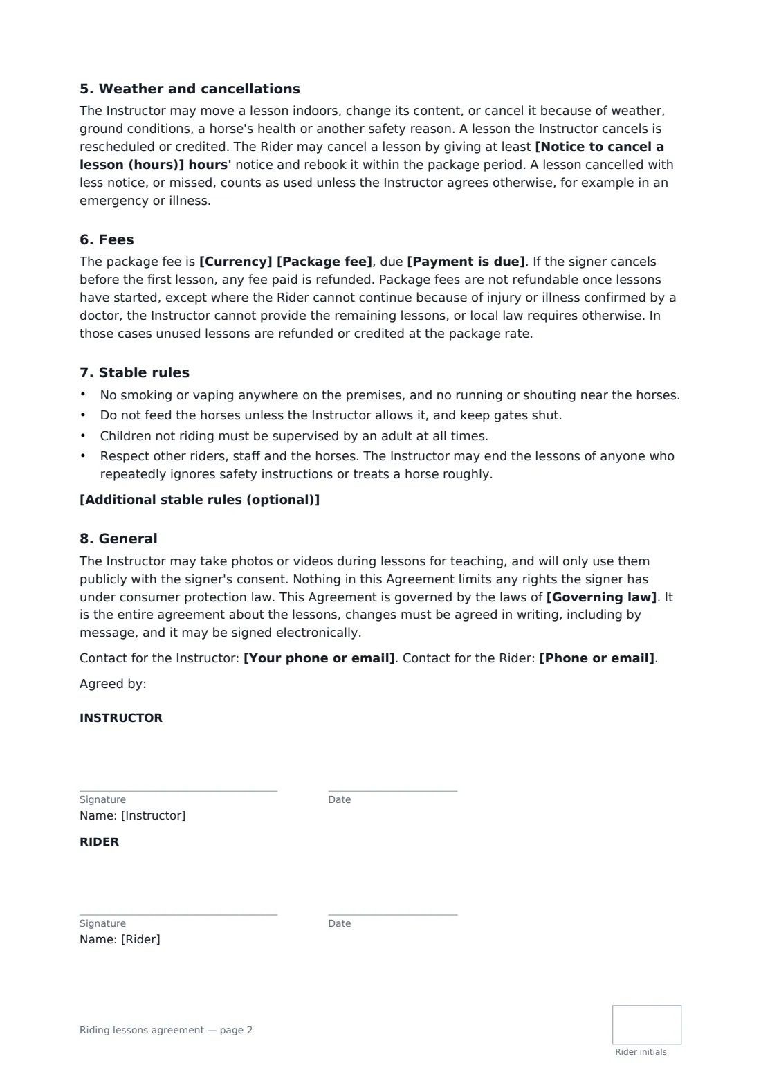 Riding lessons agreement — page 2 of 2