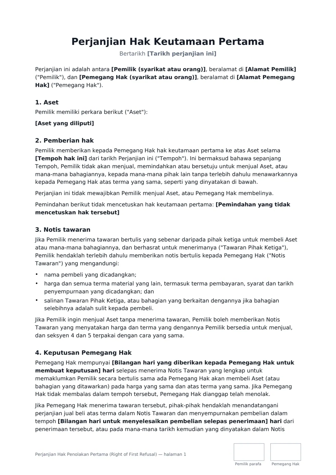Perjanjian Hak Penolakan Pertama (Right of First Refusal) — halaman 1 daripada 3