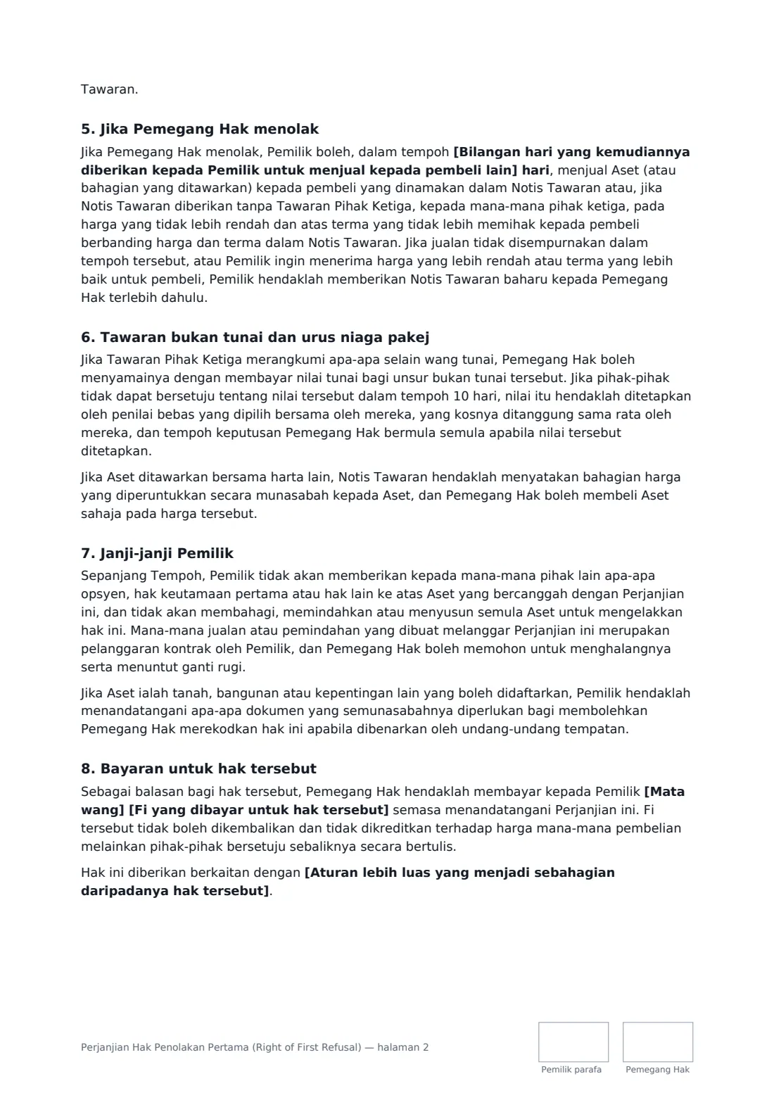 Perjanjian Hak Penolakan Pertama (Right of First Refusal) — halaman 2 daripada 3