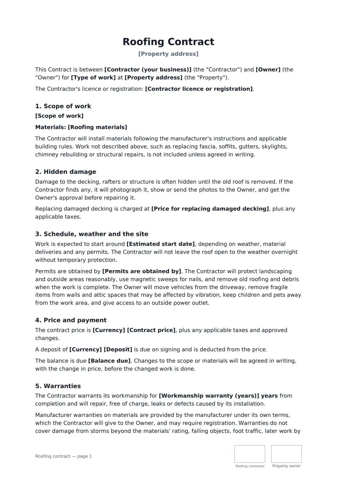 Roofing contract — page 1 of 2