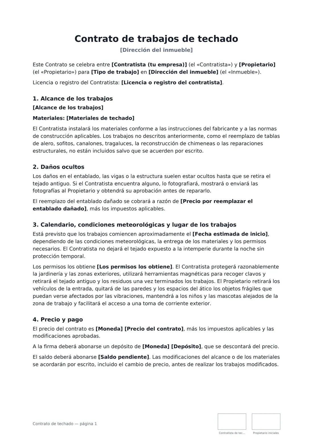 Contrato de techado: página 1 de 2