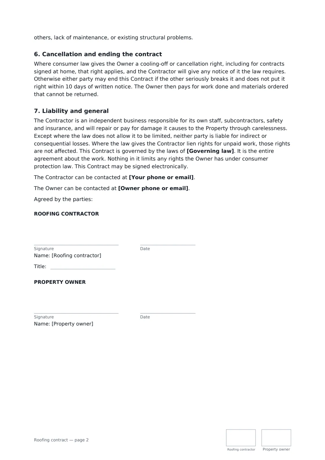 Roofing contract — page 2 of 2