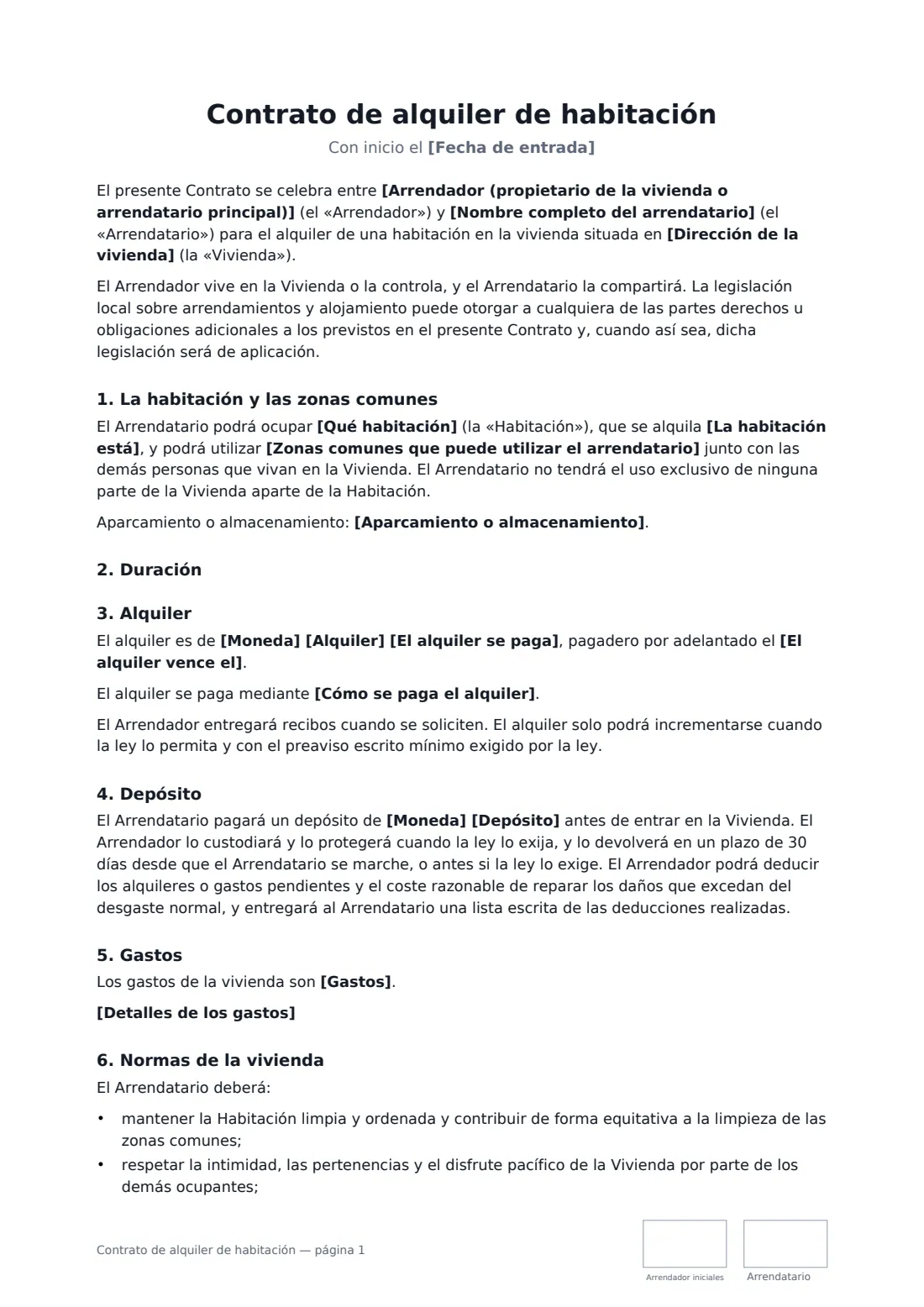 Contrato de alquiler de habitación: página 1 de 3