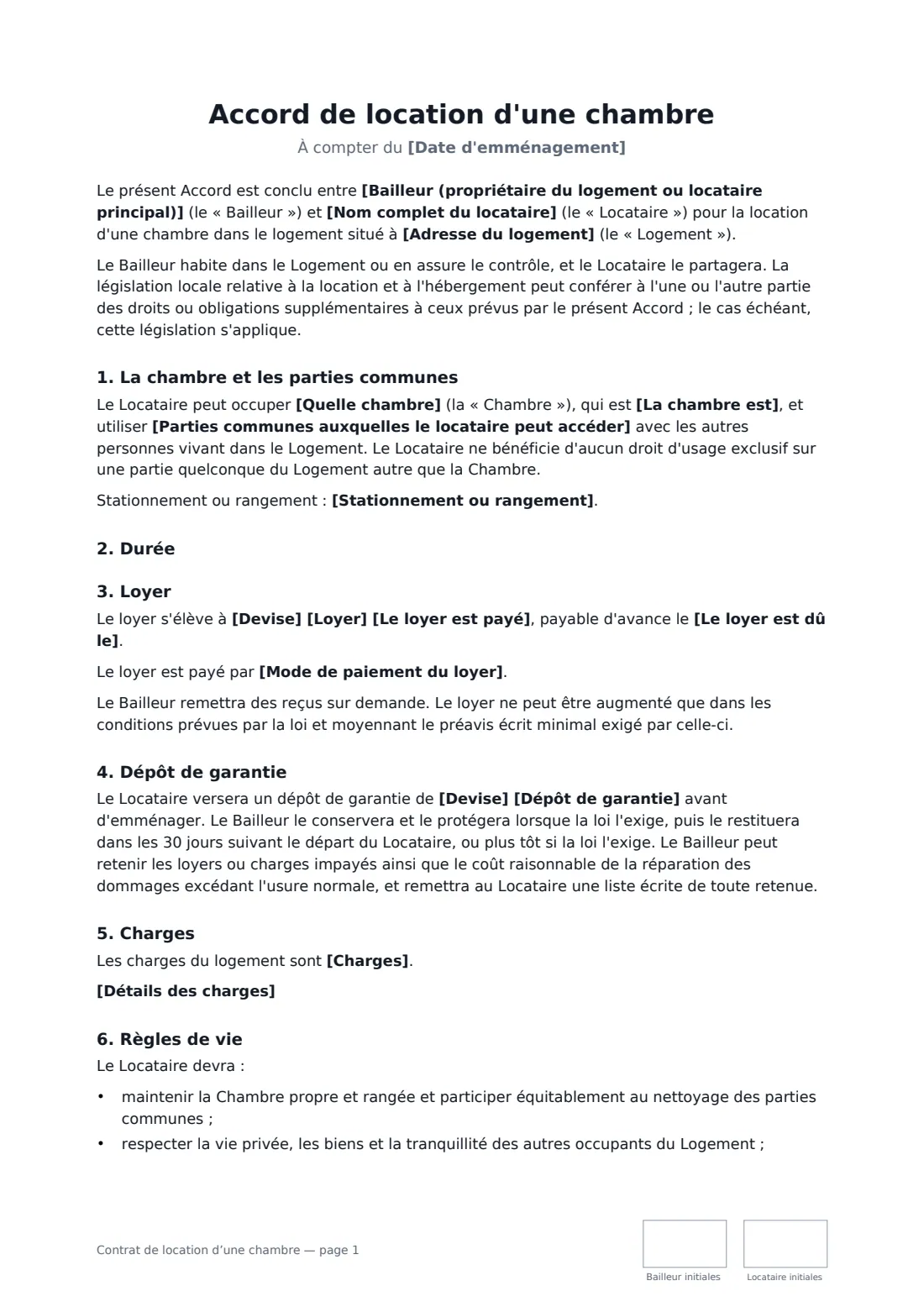 Contrat de location d’une chambre — page 1 sur 3