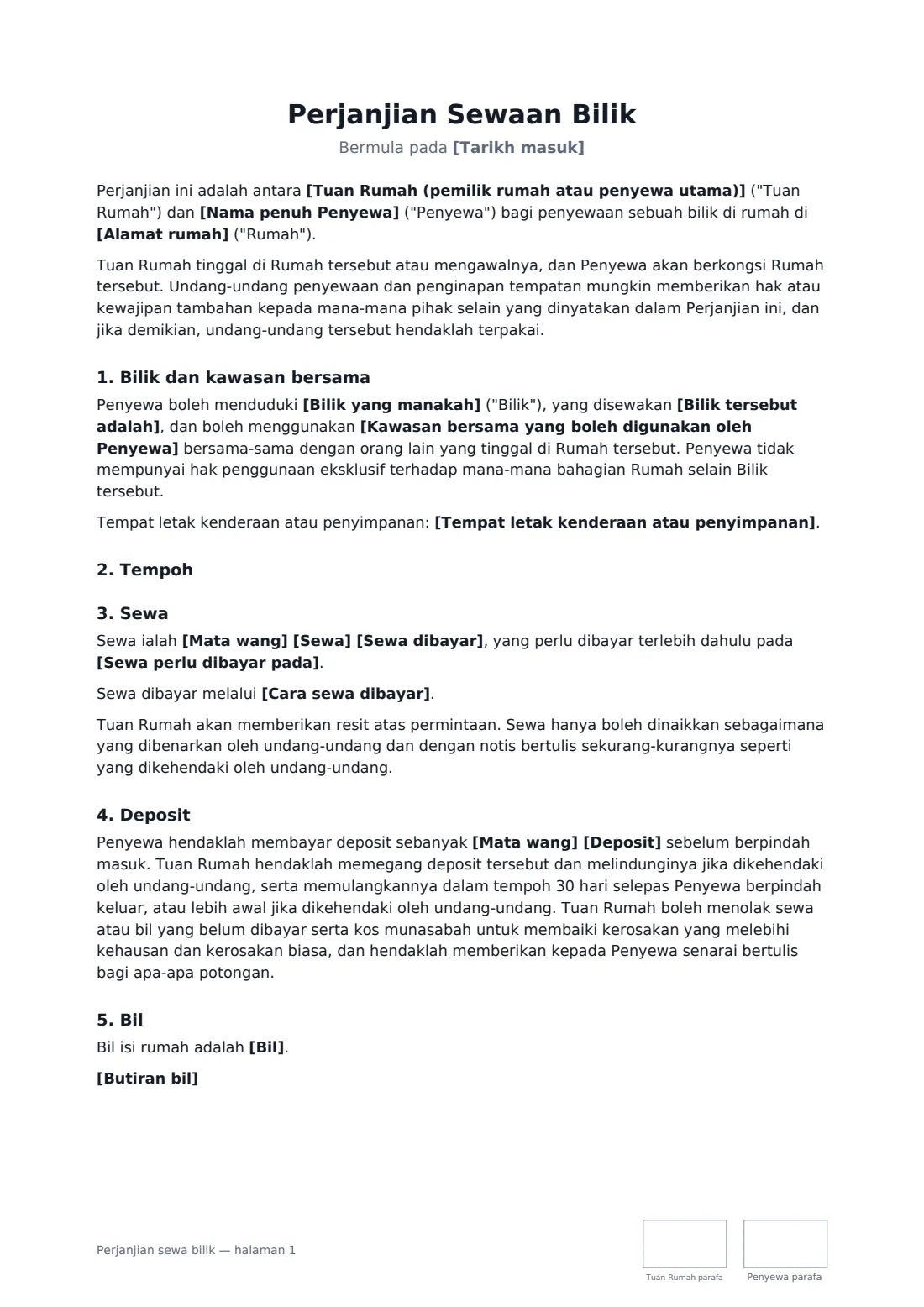 Perjanjian sewa bilik — halaman 1 daripada 3