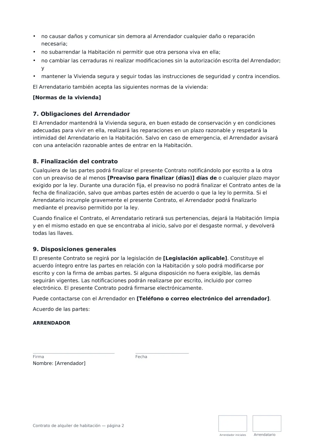 Contrato de alquiler de habitación: página 2 de 3