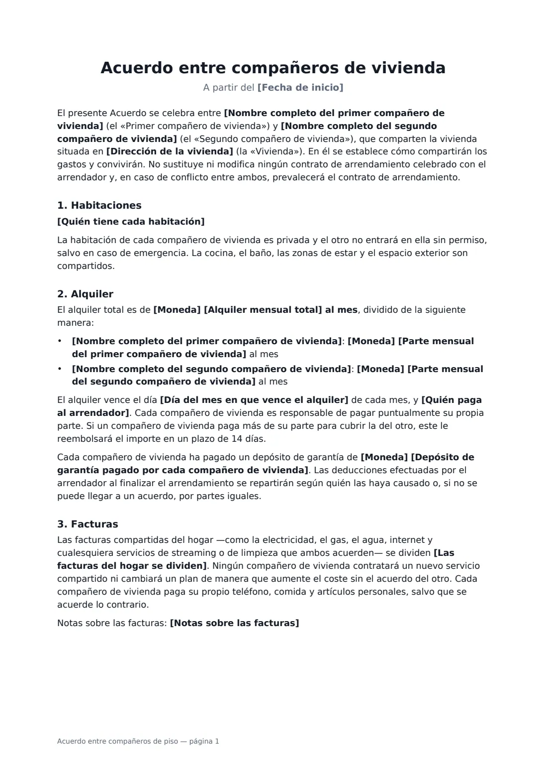 Acuerdo entre compañeros de piso: página 1 de 3
