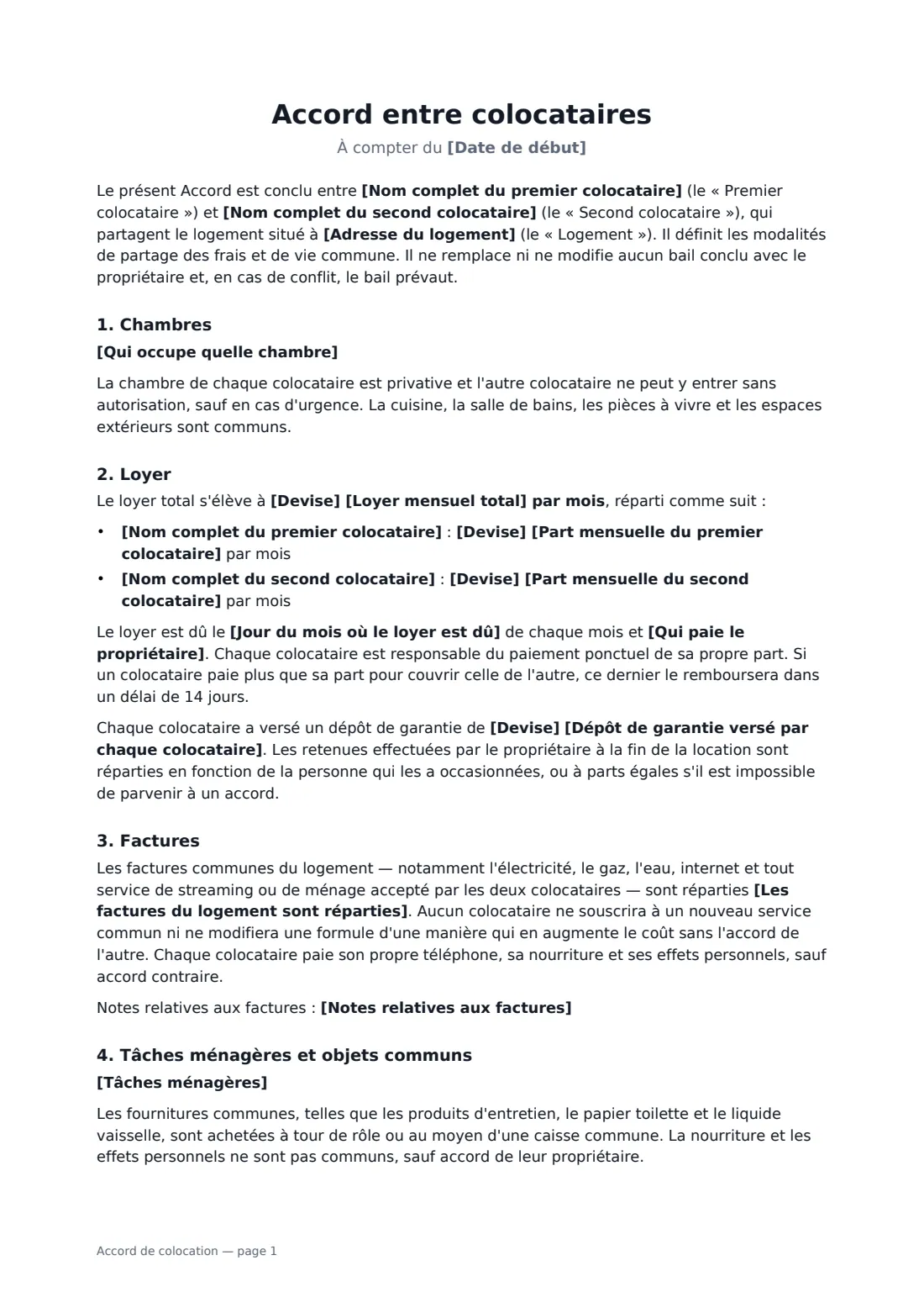Accord de colocation — page 1 sur 3