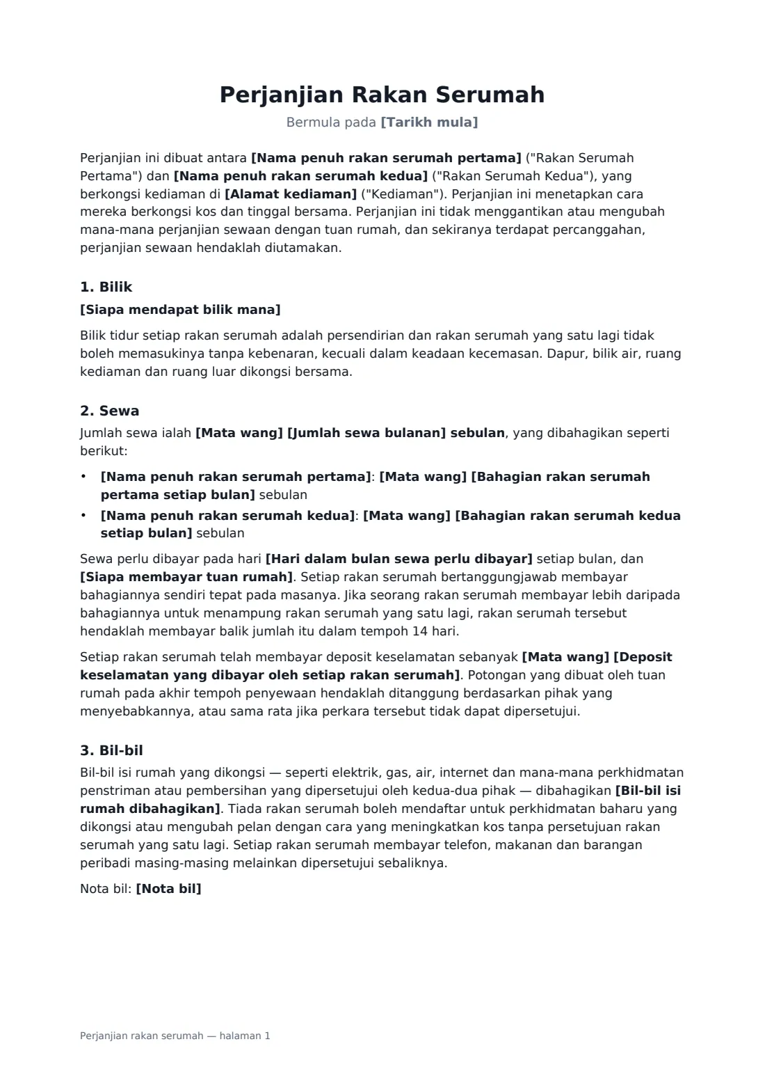 Perjanjian rakan serumah — halaman 1 daripada 3