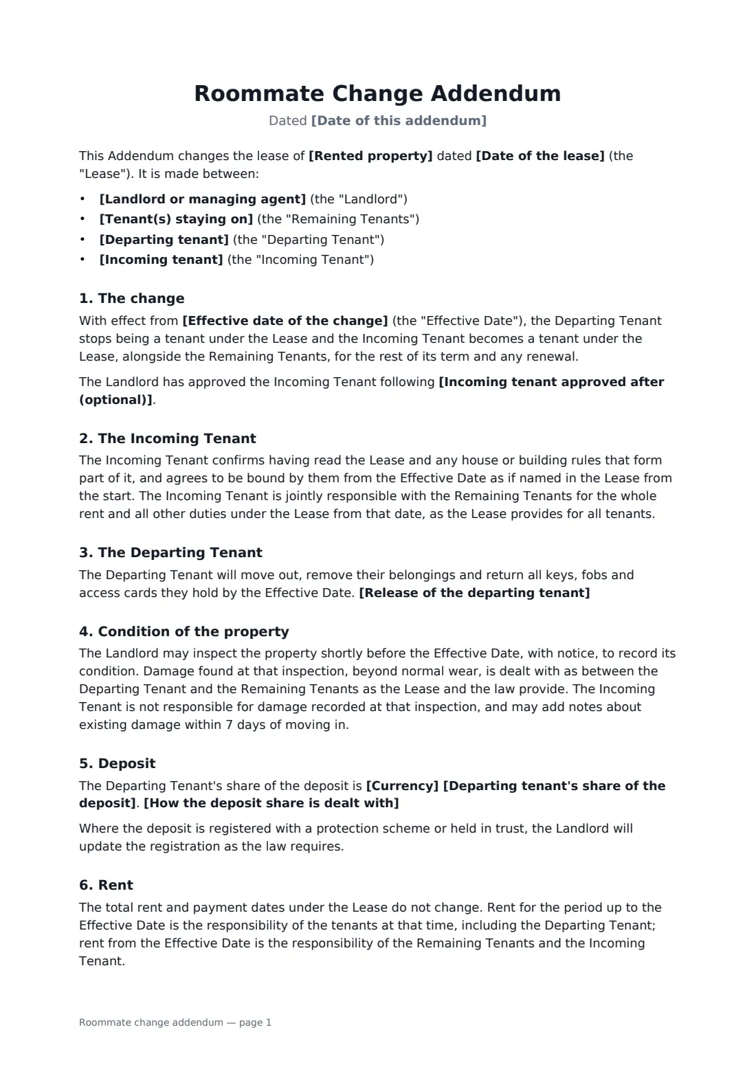 Roommate change addendum — page 1 of 2