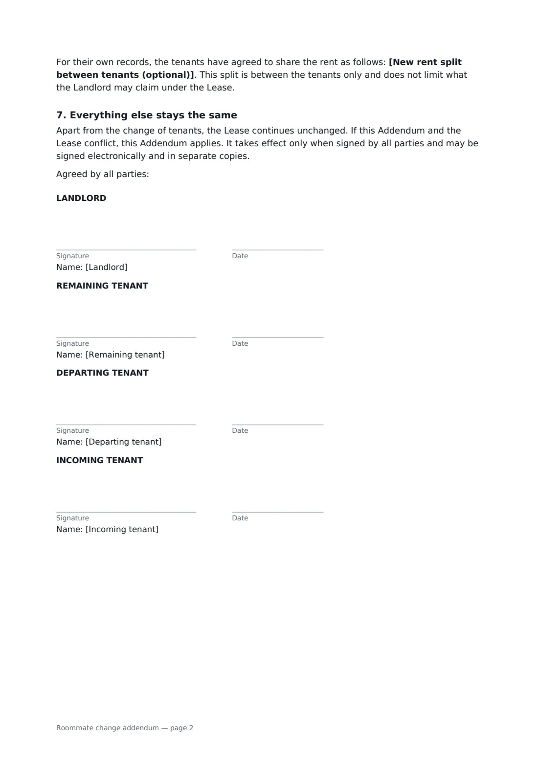 Roommate change addendum — page 2 of 2