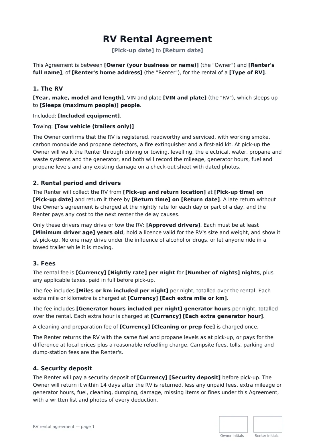 RV rental agreement — page 1 of 3