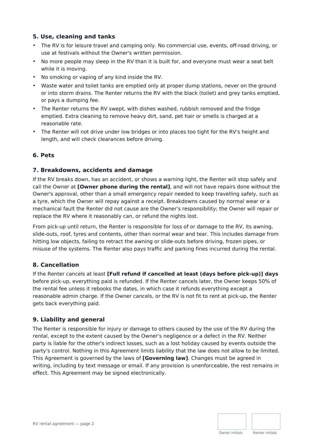 RV rental agreement — page 2 of 3