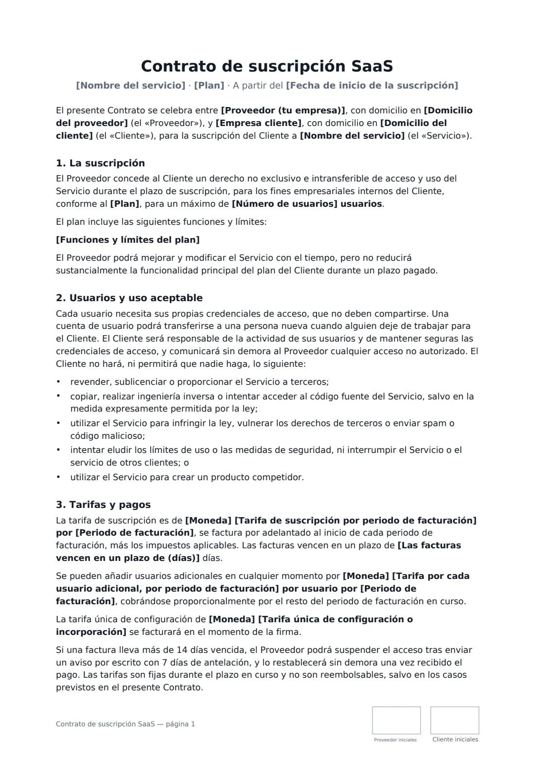 Contrato de suscripción SaaS: página 1 de 4