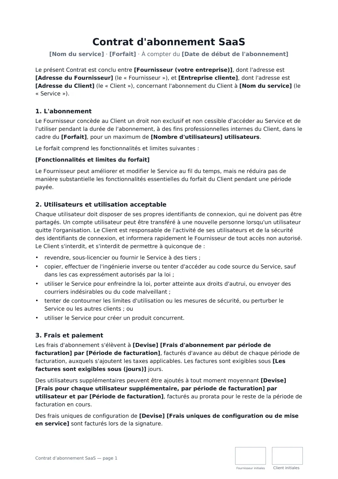 Contrat d’abonnement SaaS — page 1 sur 4