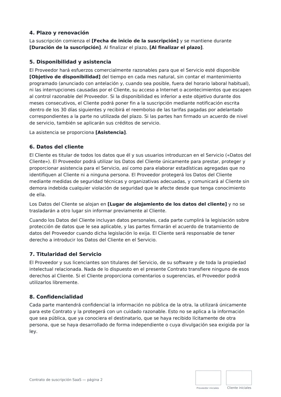 Contrato de suscripción SaaS: página 2 de 4