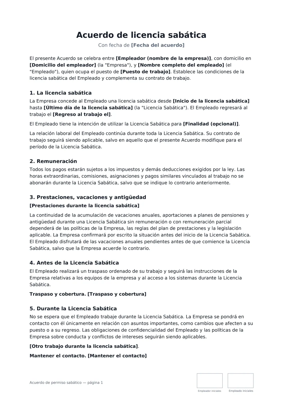 Acuerdo de permiso sabático: página 1 de 2