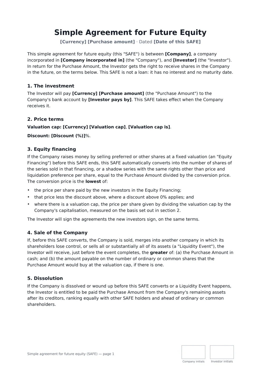 Simple agreement for future equity (SAFE) — page 1 of 2