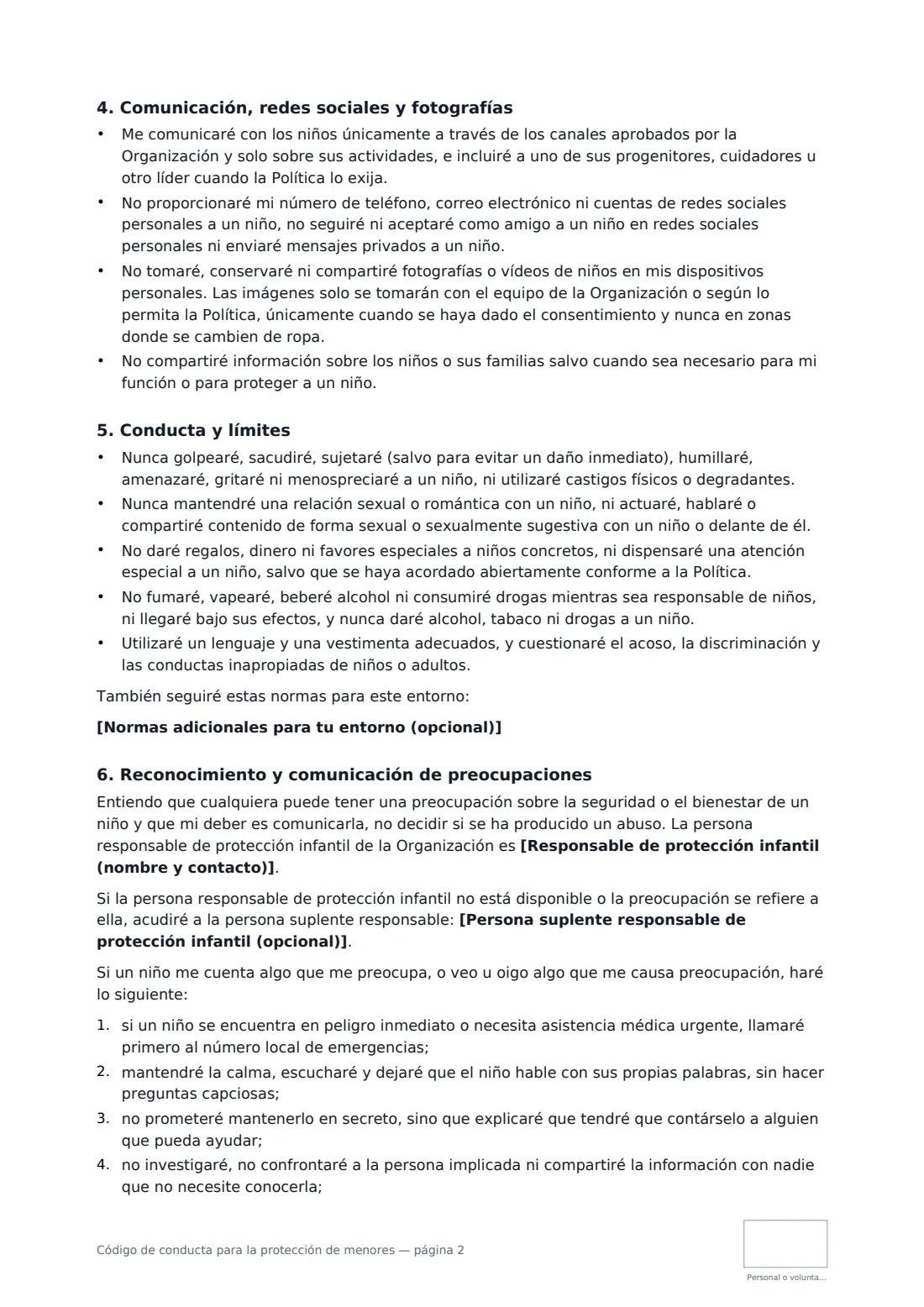 Código de conducta para la protección de menores: página 2 de 4