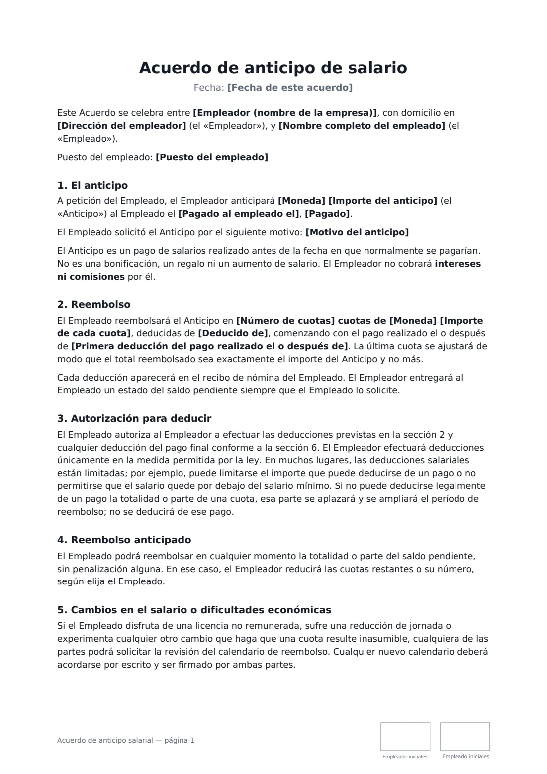 Acuerdo de anticipo salarial: página 1 de 2