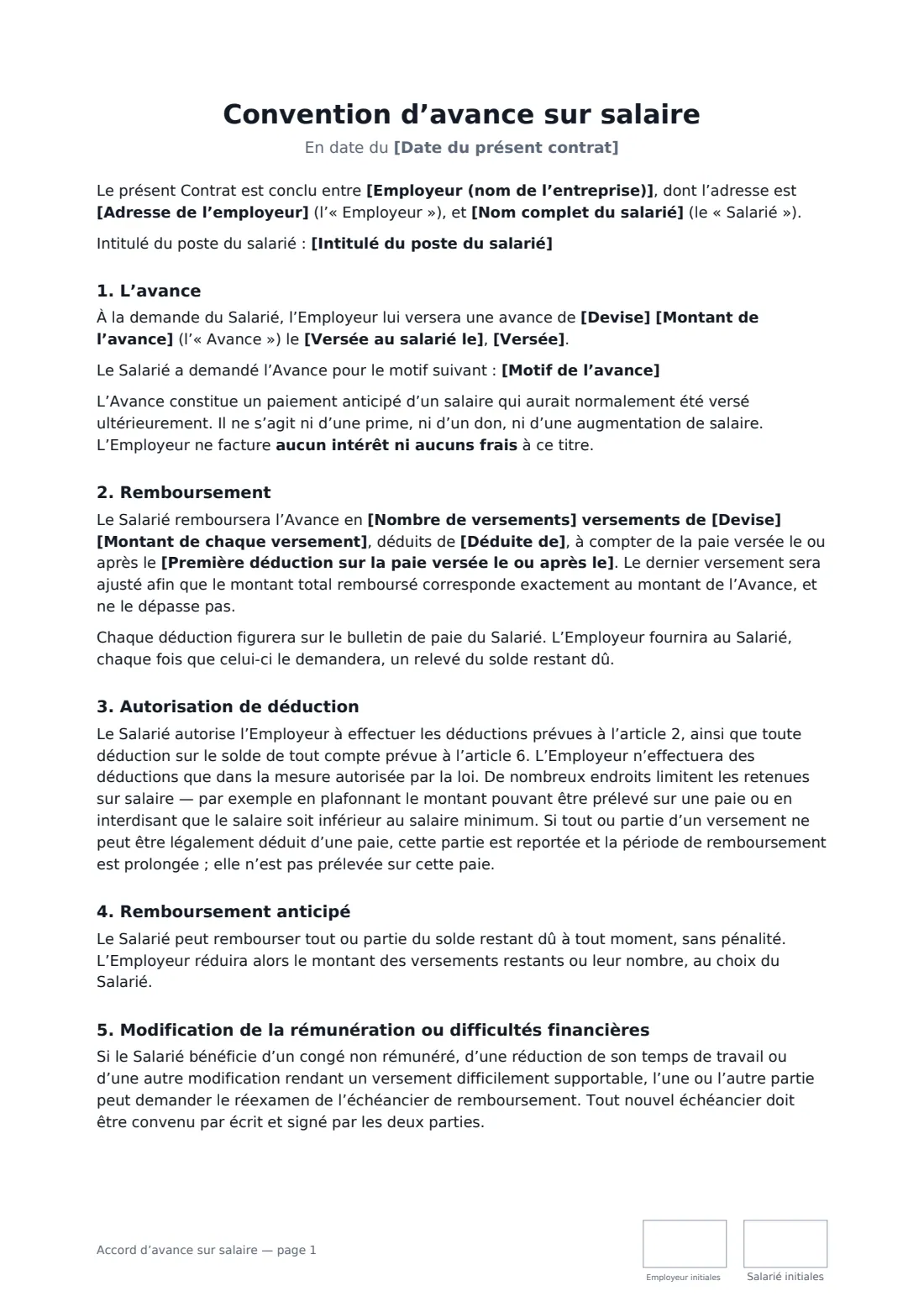 Accord d’avance sur salaire — page 1 sur 2