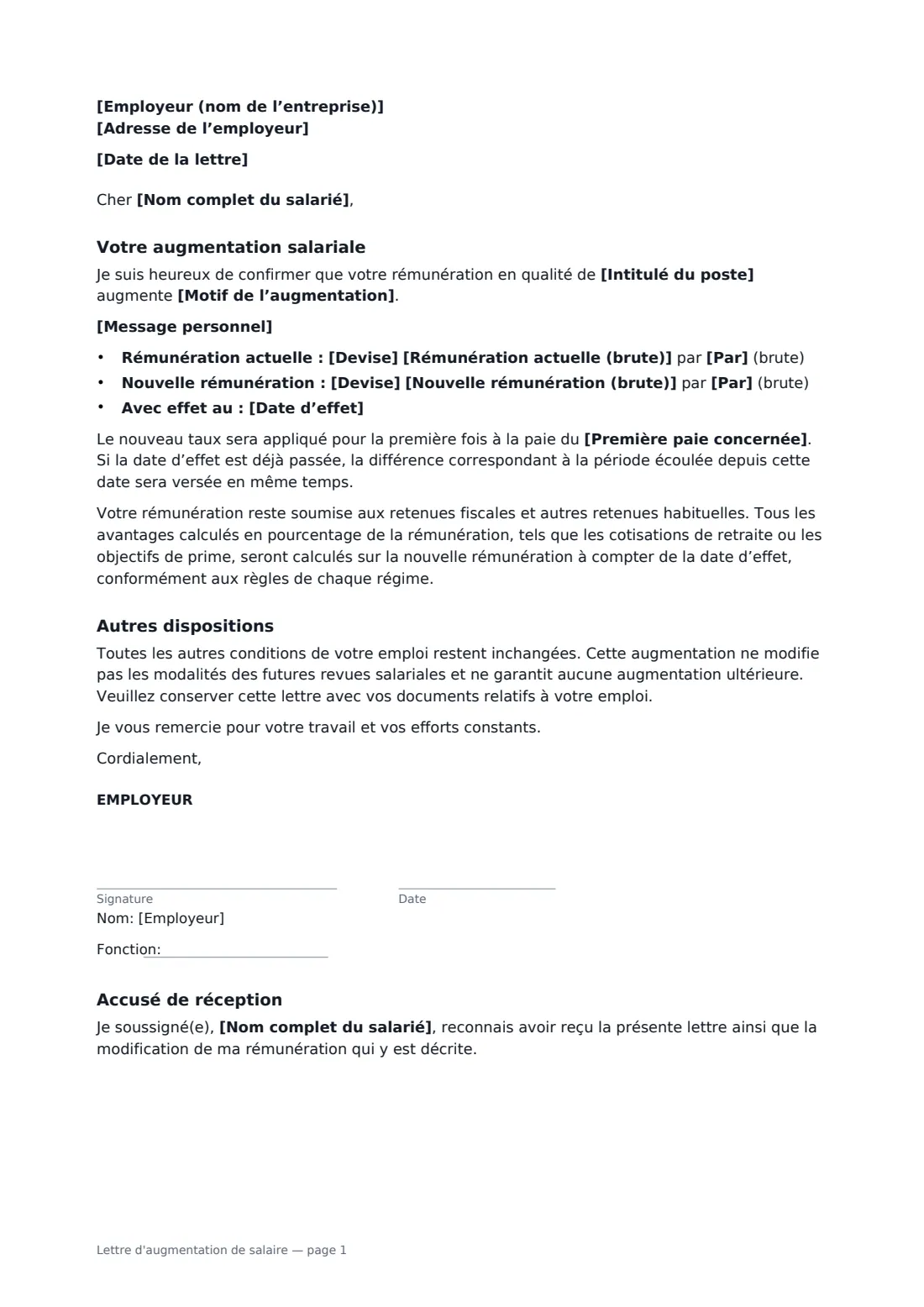 Lettre d'augmentation de salaire — page 1 sur 2