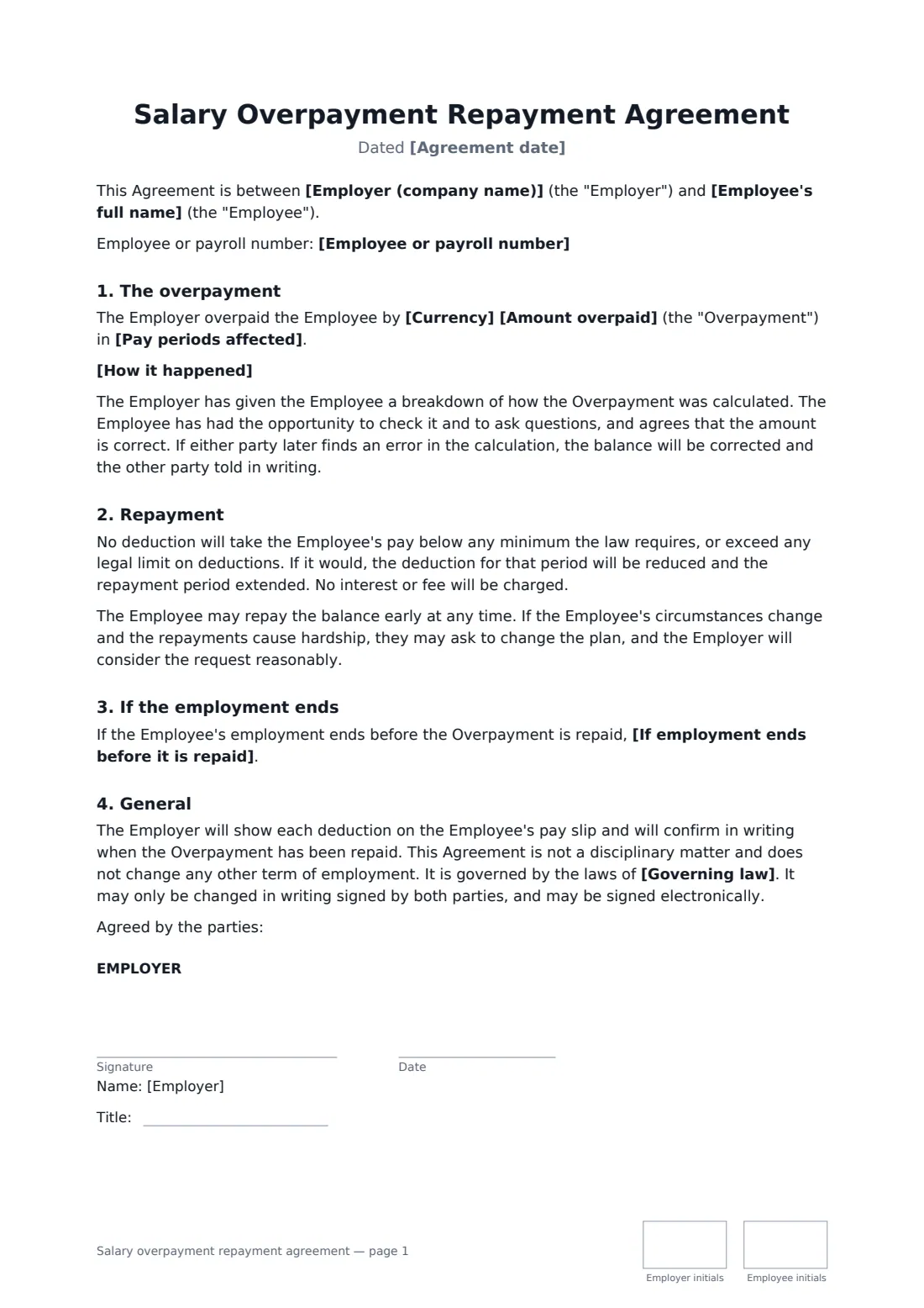 Salary overpayment repayment agreement — page 1 of 2