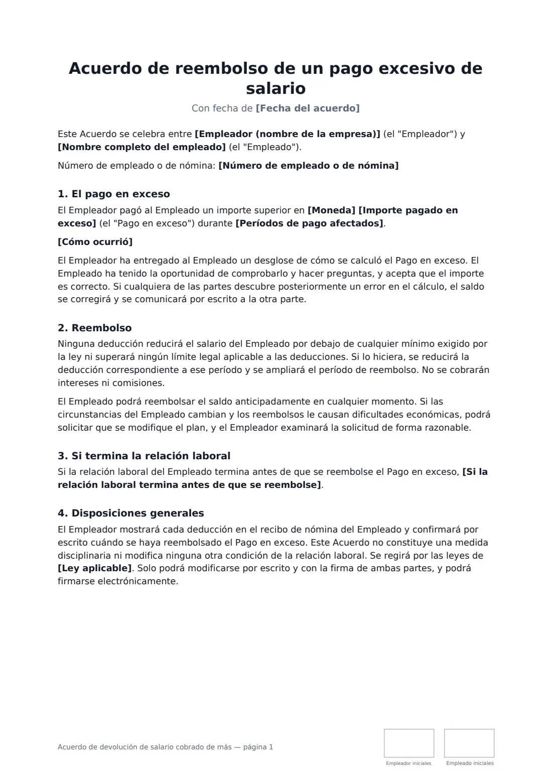 Acuerdo de devolución de salario cobrado de más: página 1 de 2