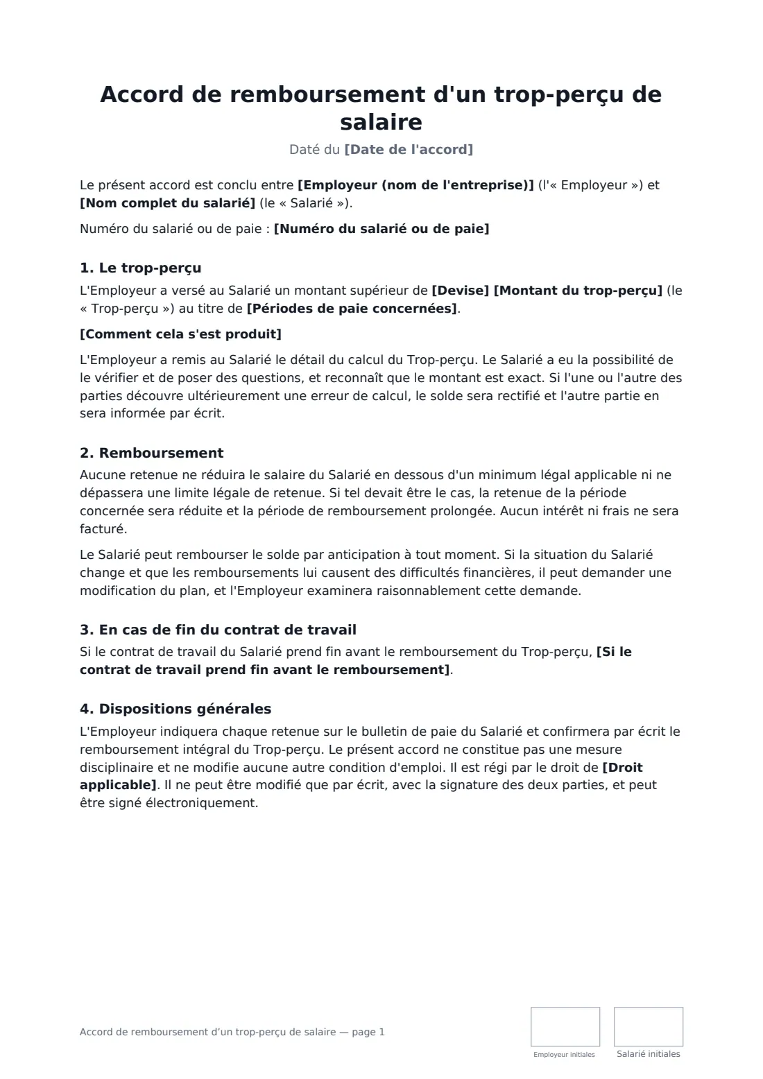 Accord de remboursement d’un trop-perçu de salaire — page 1 sur 2