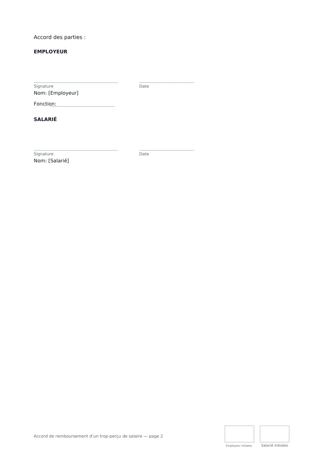 Accord de remboursement d’un trop-perçu de salaire — page 2 sur 2