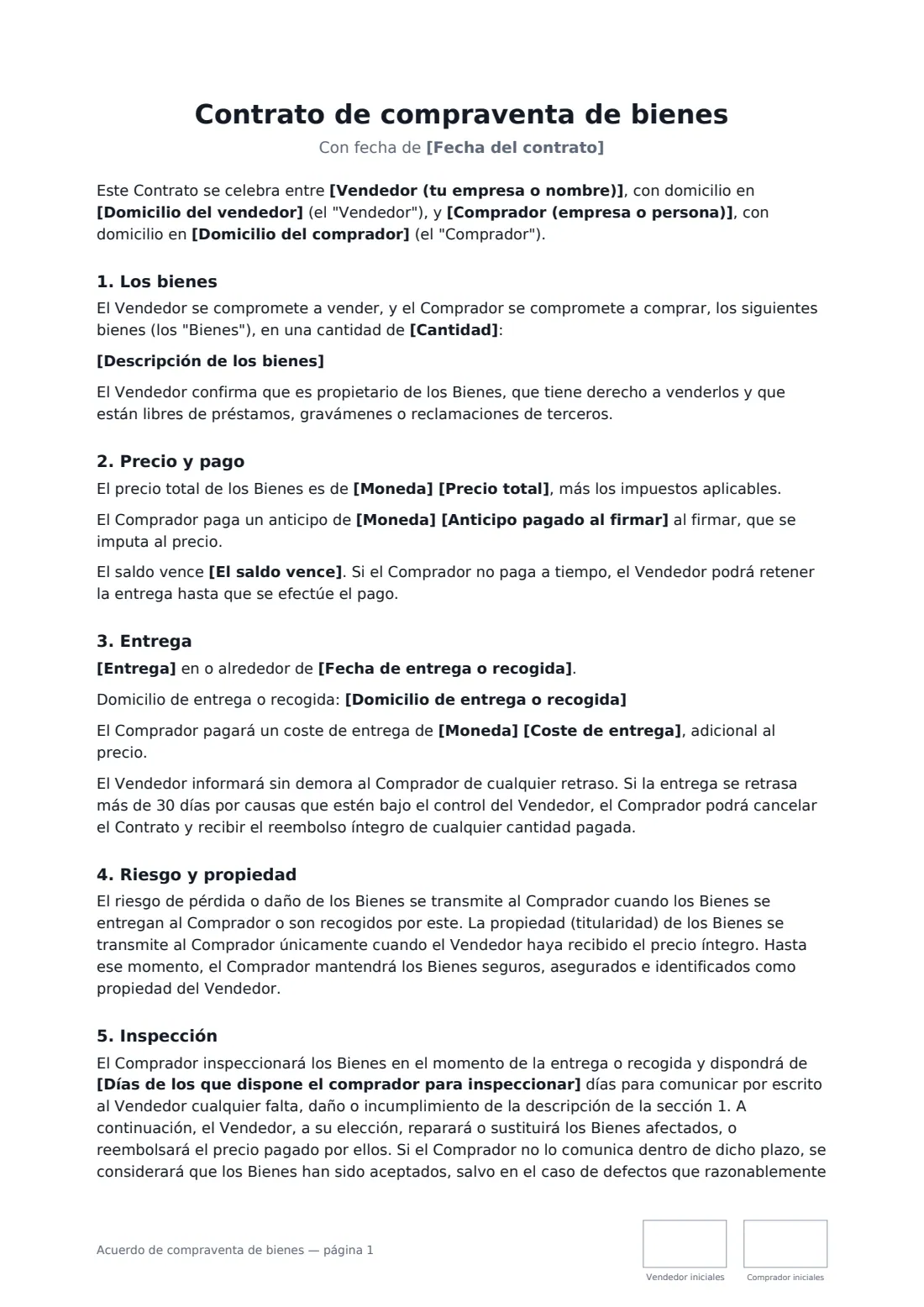 Acuerdo de compraventa de bienes: página 1 de 2