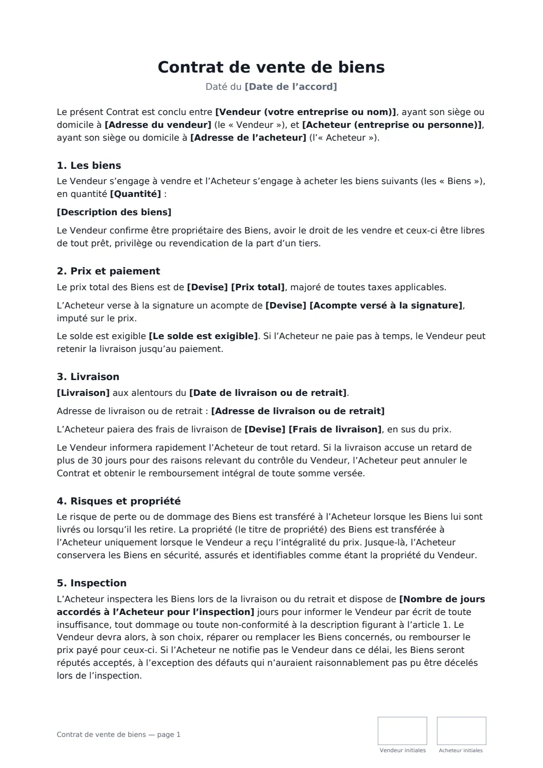 Contrat de vente de biens — page 1 sur 2